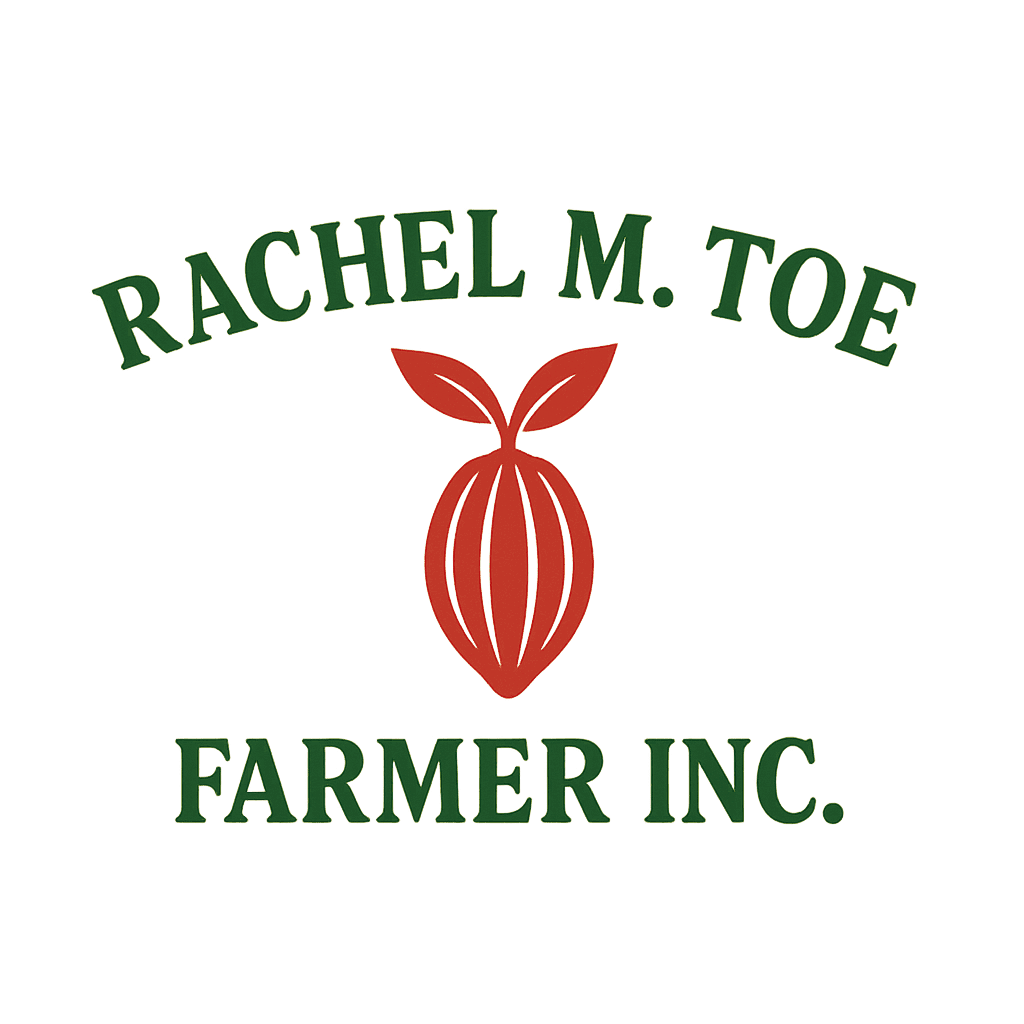 RACHEL M. TOE FARMER INC. logo with green text and red onion illustration, representing sustainable farming and organic produce.